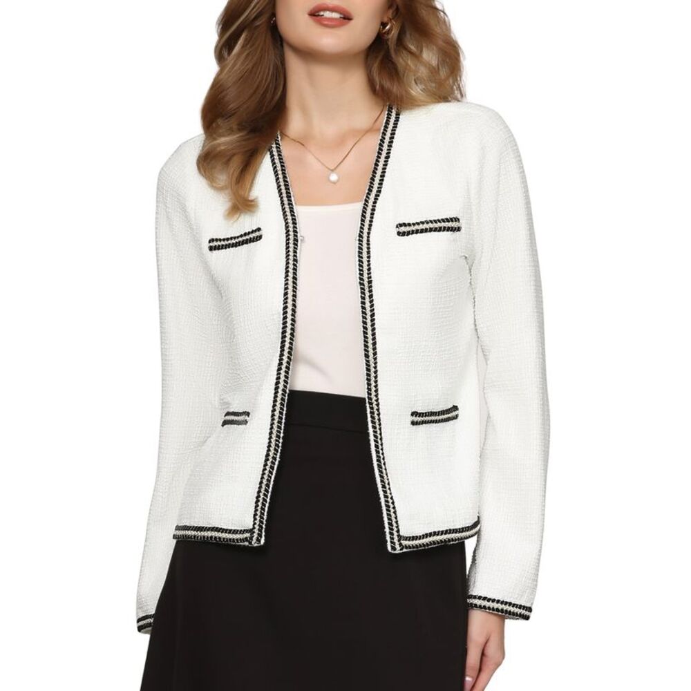Women Tweed Knit Long Sleeve Open Front Cardigan Jacket White